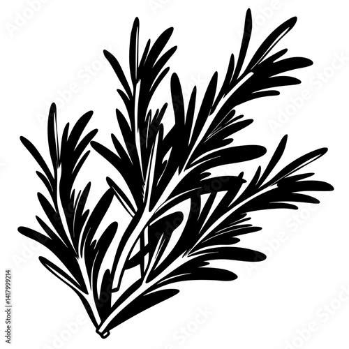 Bold black and white rosemary illustration providing an herbaceous aromatic visual