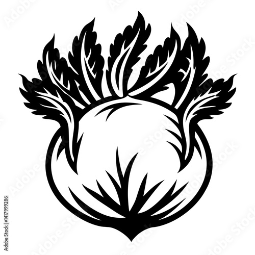 Stylized monochrome illustration of a turnip, showing root vegetable and leaf system