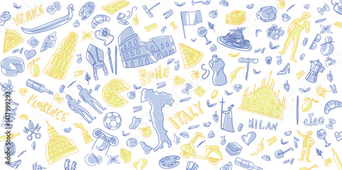 Italy Travel Doodle Line Art Illustration. Hand Drawn Vector Clip Art