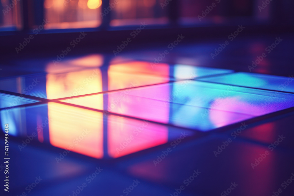 Fototapeta premium Colorful light reflects on the floor, creating vibrant patterns and shapes, illuminating the space in a mesmerizing display of radiant hues.