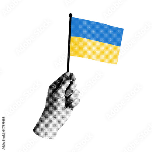 hand holding a flag of Ukraine, retro halftone effect, vintage photocopy illustration