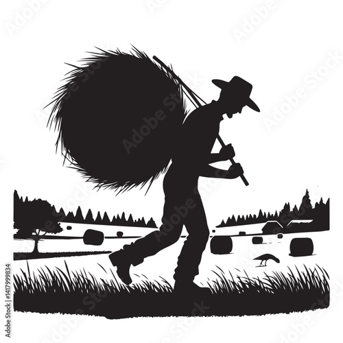 Silhouette of Farmer Carrying Hay Bale Rural Agriculture Illustration