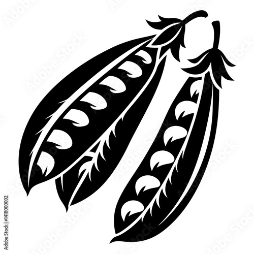 Stylized black and white image of two open pea pods with peas