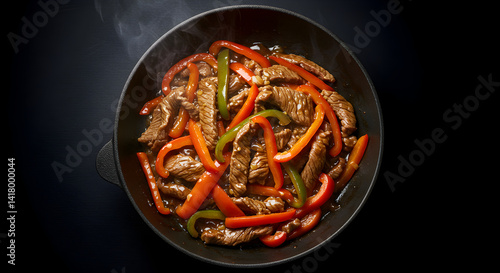 Stir Fried Beef With Bell Peppers On Dark Background With Steam
