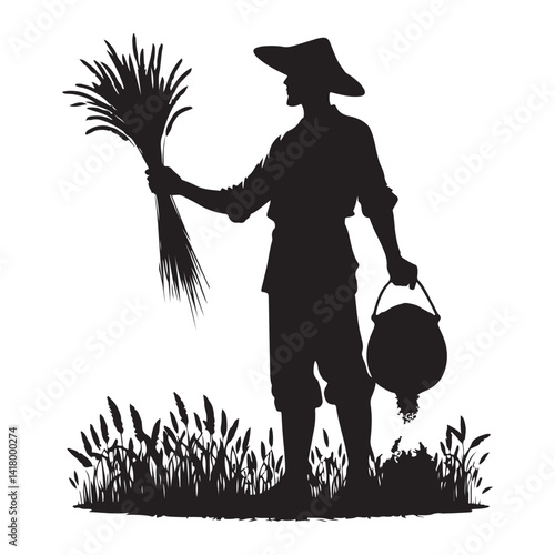 Silhouette Farmer Holding Sheaf Vector Illustration for Agriculture