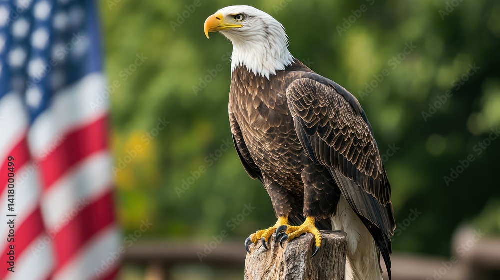Naklejka premium Majestic Bald Eagle Perched with American Flag: A Symbol of Freedom