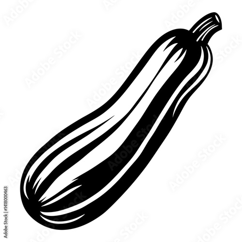 Monochrome graphic illustration of a whole zucchini vegetable on white background