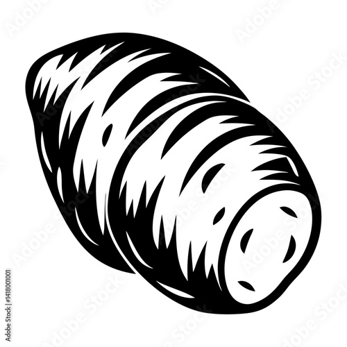 Monochrome illustration of a taro root vegetable with distinct rings and texture