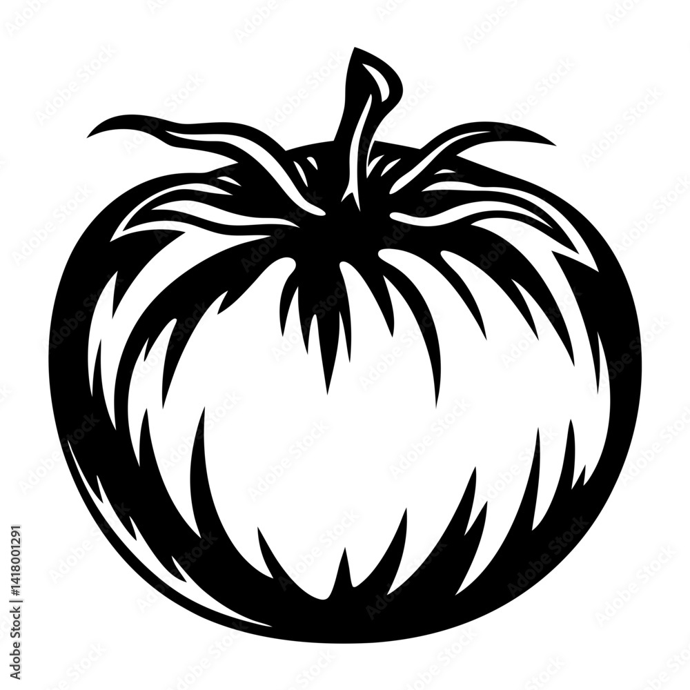 Monochrome tomato illustration with stylized leaf and stem details for art Monochrome tomato illustration with stylized leaf and stem details for art