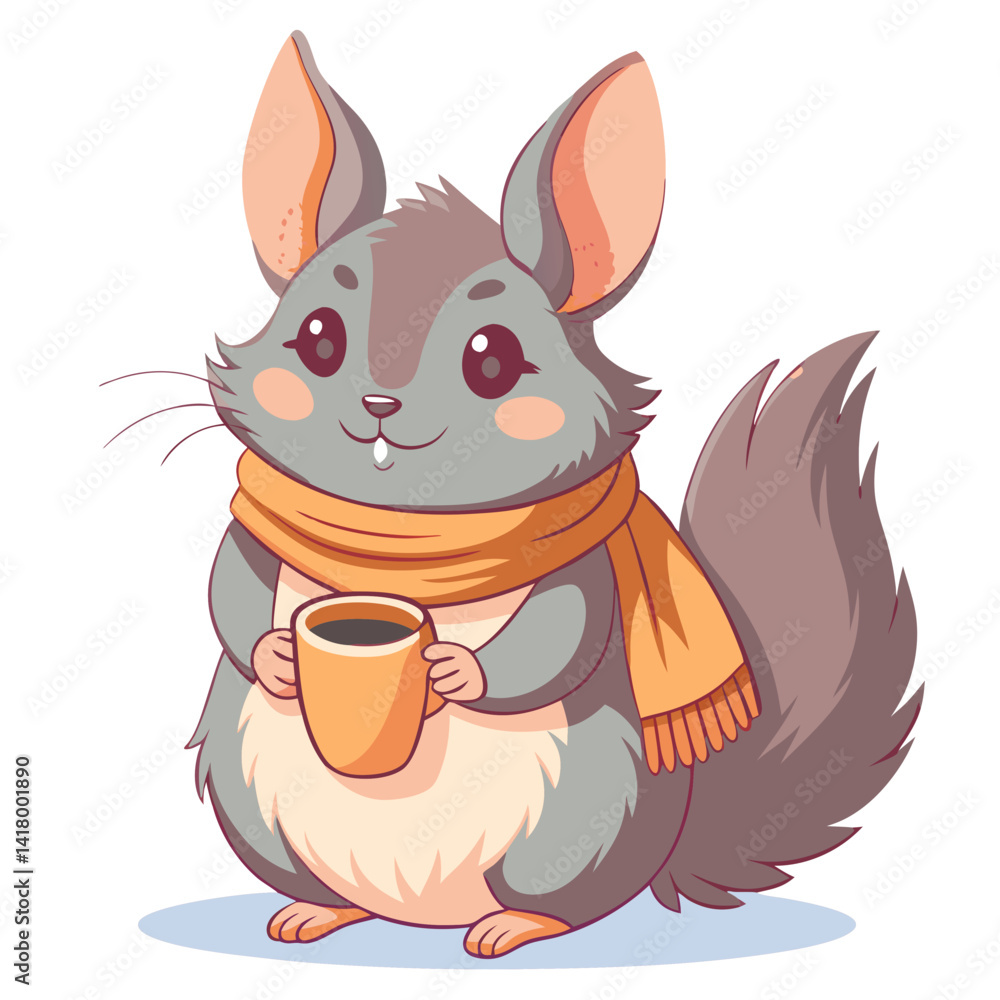 fluffy chinchilla with a scarf, holding a teacup, cozy vector illustration, pastel warm tones, minimalistic, clean cute style fluffy chinchilla with a scarf, holding a teacup, cozy vector illustration, pastel warm tones, minimalistic, clean cute style