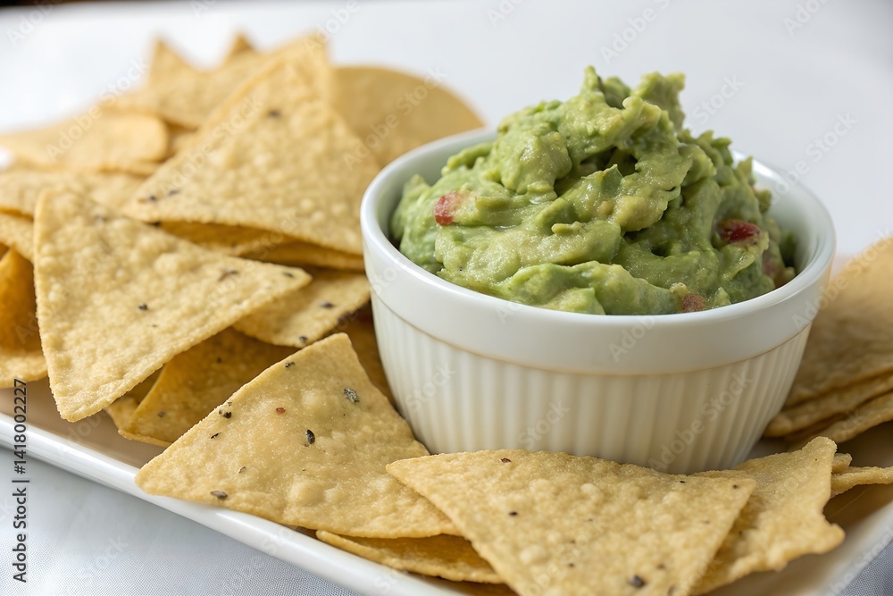 Guacamole in a small white bowl with tortilla chips around it, simple composition Guacamole in a small white bowl with tortilla chips around it, simple composition