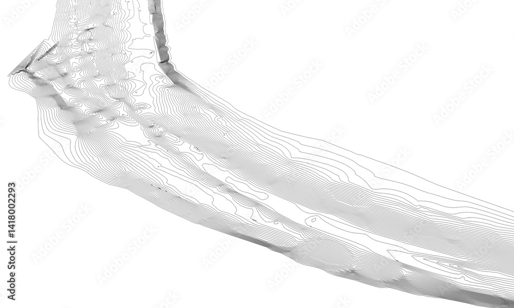 A detailed topographical line art rendering showing elevations and contours