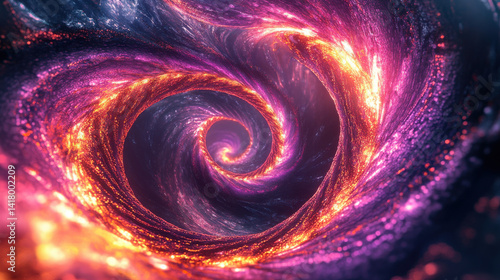 Vibrant Swirling Spiral of Glowing Particles, Cosmic Energy, Pink Purple Orange Hues