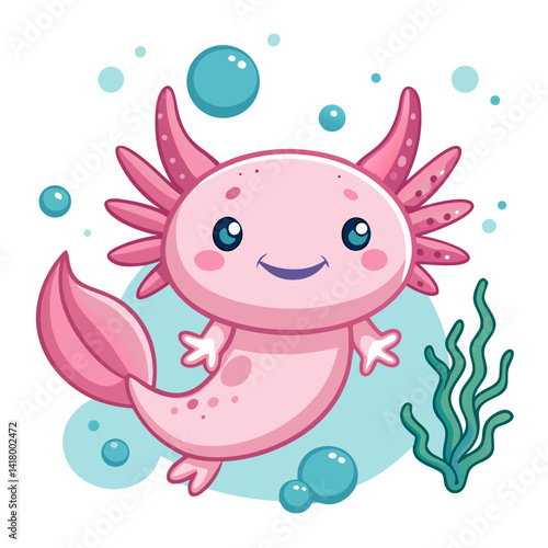 pink axolotl smiling underwater with floating bubbles and coral, vector style, kawaii, round shapes, simple cute illustration for kids
