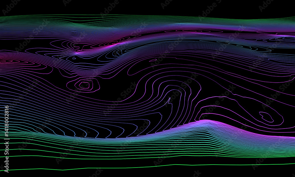 Abstract colorful contour lines in gradients of purple, green, and blue, 3d