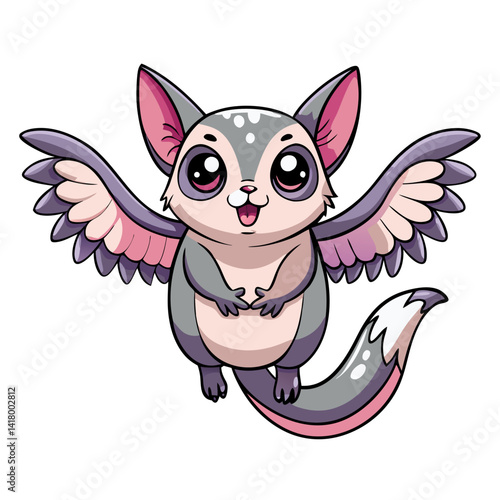 sugar glider flying with open arms, pastel sky background, vector, cartoon animal, kawaii face, stylized wings, clean outline
