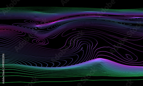 Obraz na płótnie Abstract colorful contour lines in gradients of purple, green, and blue, 3d w salonie