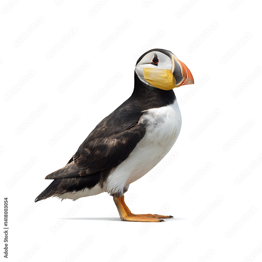 Naklejka premium Puffin with mask standing isolated on white background