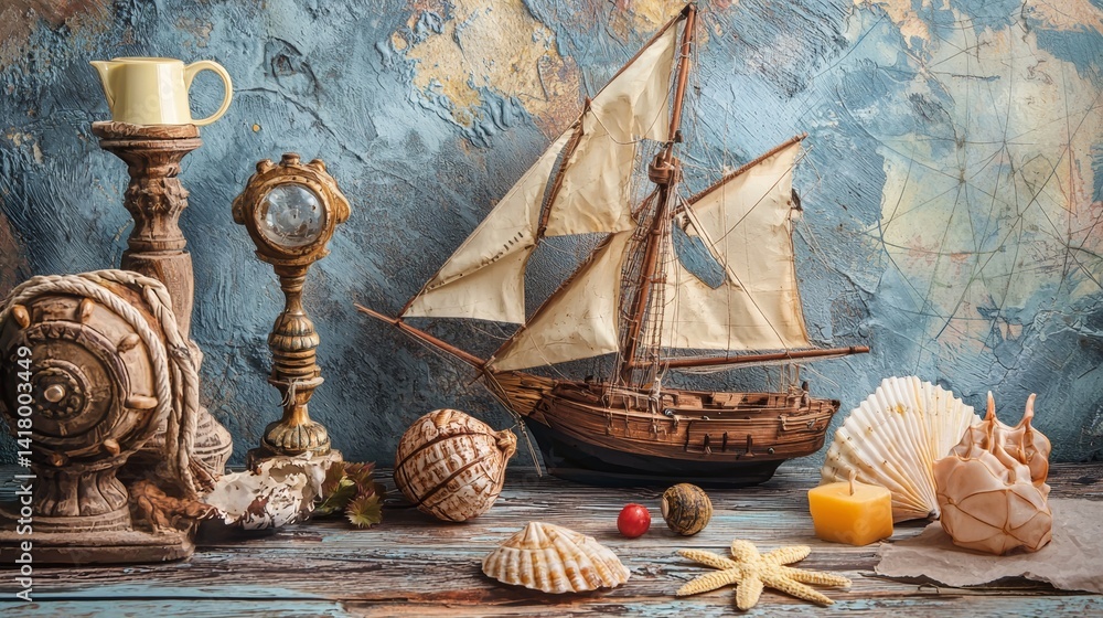 Fototapeta premium Vintage nautical decor with model ship and compass