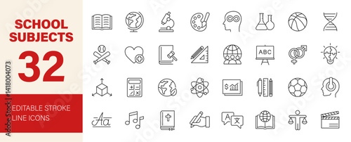 School Subjects icon set. Containing study subjects, math, science, language, chemistry, geography, philosophy, history, art, physical and more. Editable line icons. Vector illustration.