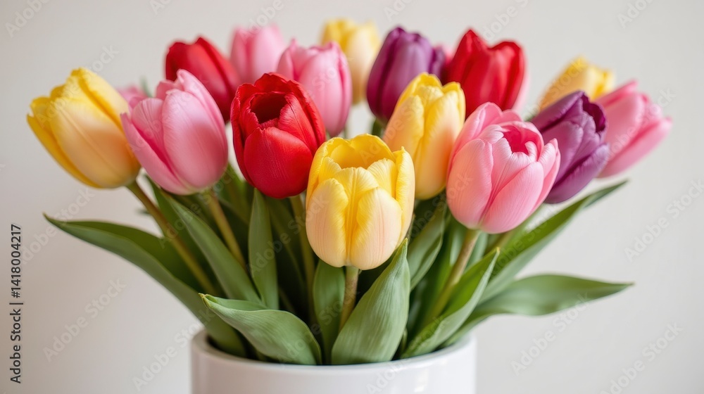 custom made wallpaper toronto digitalA stunning arrangement of tulips in shades of pink, red, yellow, and purple fills a plain white ceramic vase, creating a burst of color that instantly brightens any room