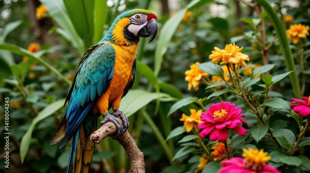 Obraz premium The vibrant hues of the macaw's feathers contrast beautifully against the emerald green backdrop of towering palms and vibrant blooming flowers in the background