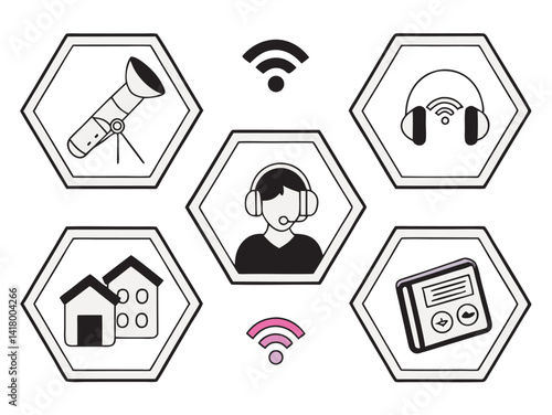 Smart Technology Icon Set – Headphones, WiFi, Smart Home, Radio, and Communication Vectors