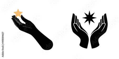 Reaching Stars, Hand Holding Star Black and White Square Icon, Hand Holding Star Icon on Black and White Vector Backgrounds, Hand with star silhuoette.