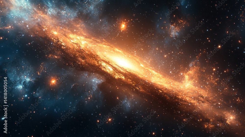 A galaxy with bright orange and yellow light against a dark blue background. A galaxy with bright orange and yellow light against a dark blue background.