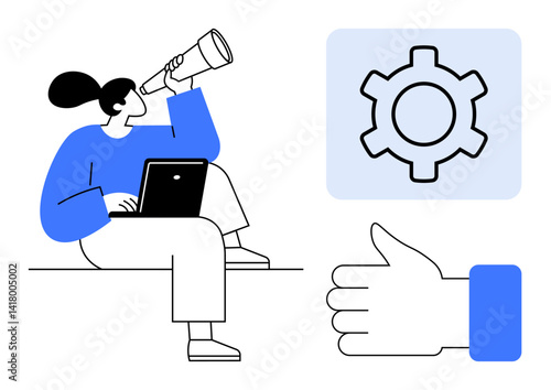 Woman using a telescope while working on a laptop, accompanied by a gear and a thumbs-up icon. Ideal for innovation, technology, teamwork, decision-making, problem-solving, leadership, simple landing