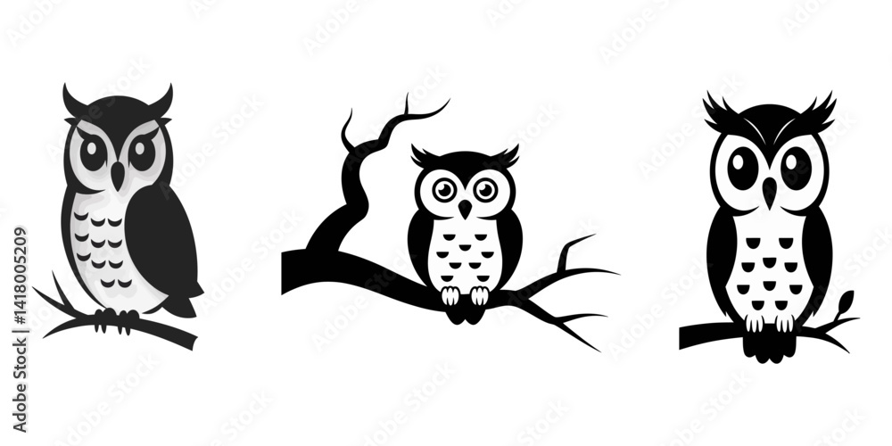 Owl Perched on Branch in Moonlight, Owls silhouettes, owl silhuoette set. Owl Perched on Branch in Moonlight, Owls silhouettes, owl silhuoette set.
