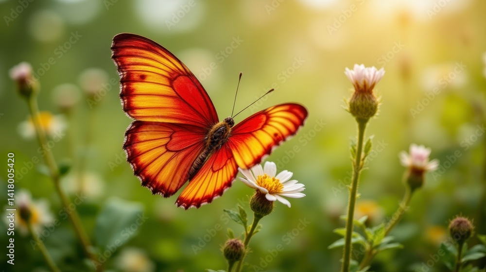 Obraz premium The colorful butterfly gracefully fluttered through the meadow, its delicate wings painted with vibrant hues of red, orange, and yellow