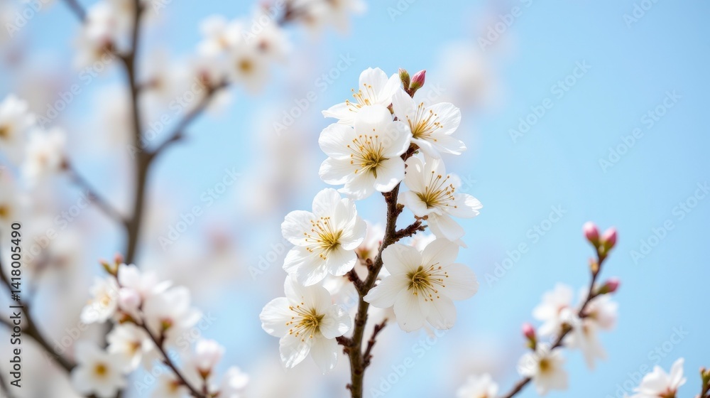A close up photo captures the delicate white petals of a flowering cherry tree against a clear blue sky, showcasing the tree's natural beauty and elegance in full bloom. A close up photo captures the delicate white petals of a flowering cherry tree against a clear blue sky, showcasing the tree's natural beauty and elegance in full bloom.