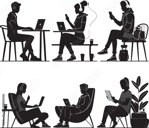 Remote Work and Digital Nomad Silhouettes � Black Vector Illustrations on White Background