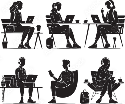 Remote Work and Digital Nomad Silhouettes � Black Vector Illustrations on White Background