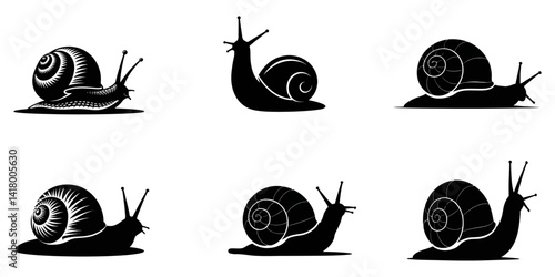 Snail Silhouettes, snail silhuoette set, Outline of snail, Vector garden snail side view illustration in black and white, Snail icon.