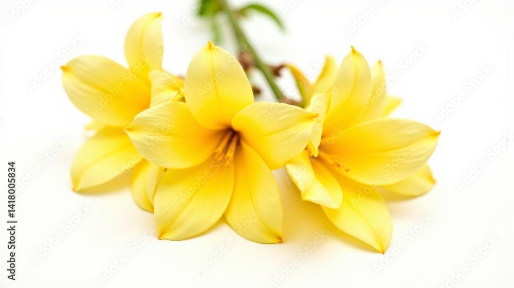Obraz premium A close up photograph showcasing delicate fresh mango flowers in full bloom, their vibrant yellow petals contrasting beautifully against an isolated white background.