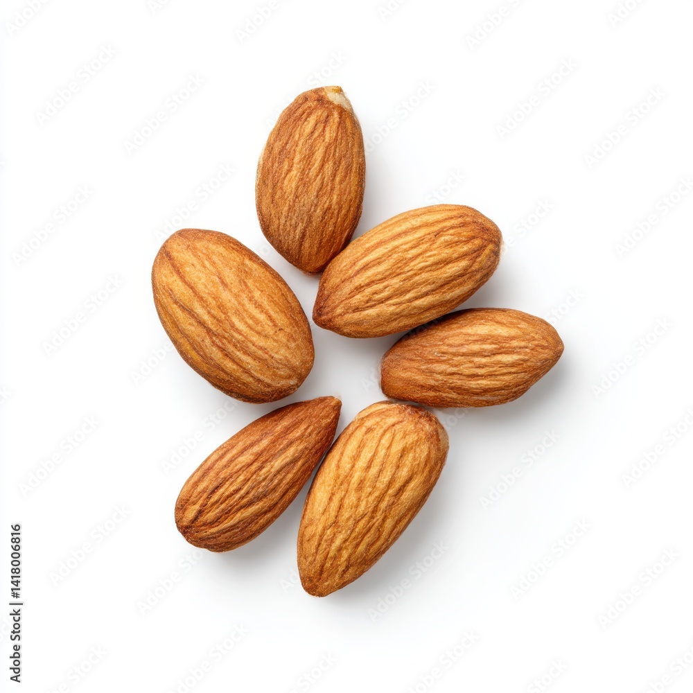 Seven almonds arranged closely together on white background Seven almonds arranged closely together on white background