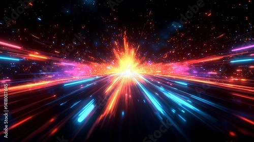 Neon light bursts through a cosmic tunnel.