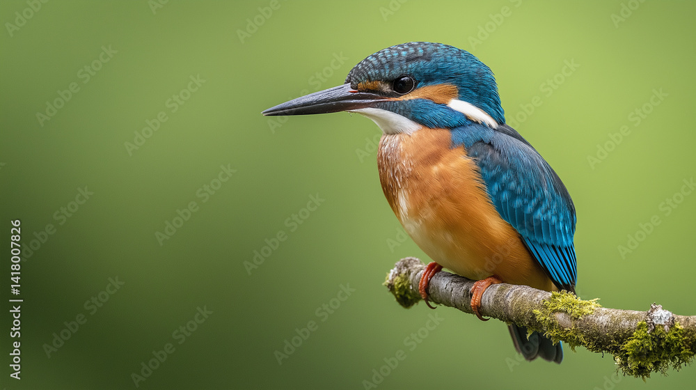 Obraz premium Kingfisher Perched on a Branch: An exquisite kingfisher, radiant in hues of azure and russet, finds its repose on a moss-covered branch, set against the serene backdrop of nature's greens.