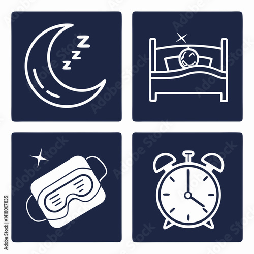 Sleep Routine Icons Featuring Moon Bed and Alarm Clock