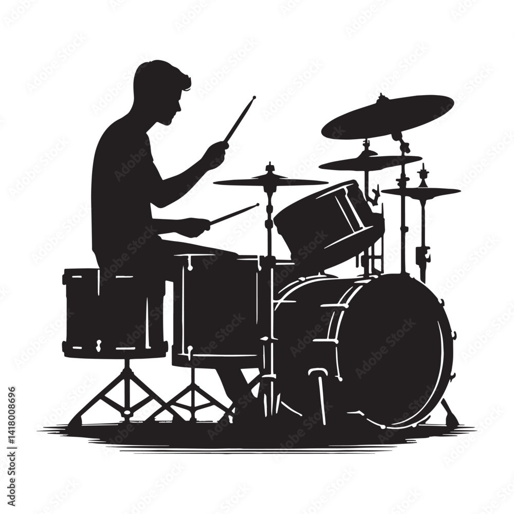 Fototapeta premium Heartbeat Drum Set silhouette, core of the groove – Drum Set illustration – Minimalist Drum Set vector – Musical instrument silhouette