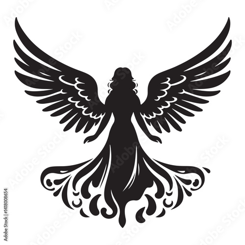 Elegant Angel Silhouette Vector Design with Decorative Wings Style