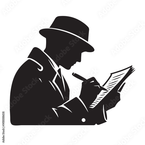 Silhouette of a Detective Writing Notes Investigation Vector Illustration