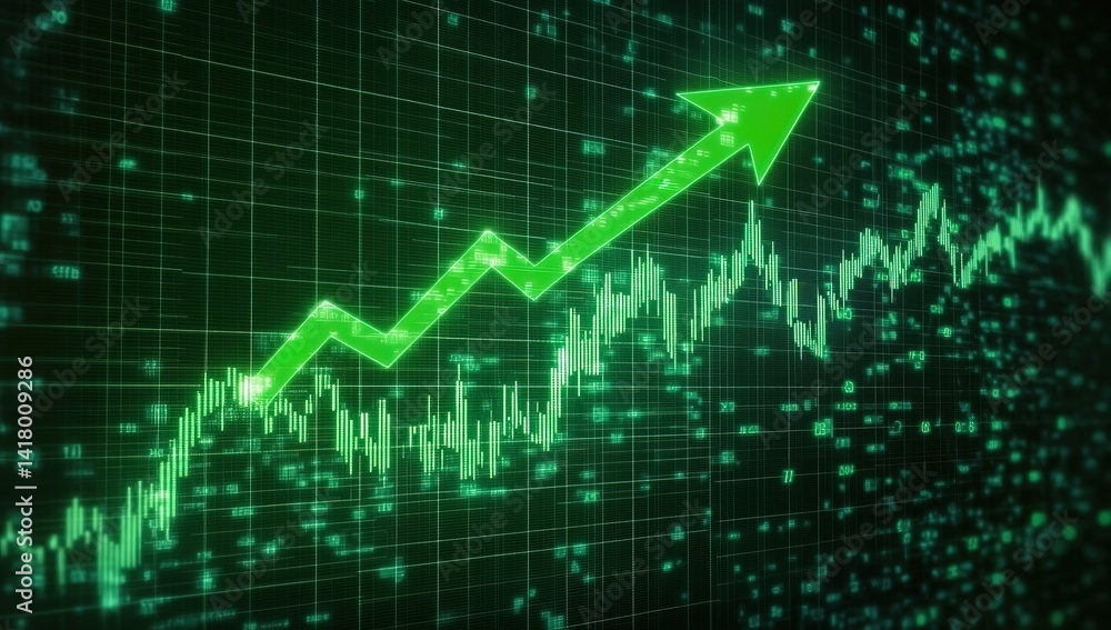 A stock market chart with a green arrow pointing up, indicating an upward movement in the international economic environment. A stock market chart with a green arrow pointing up, indicating an upward movement in the international economic environment.