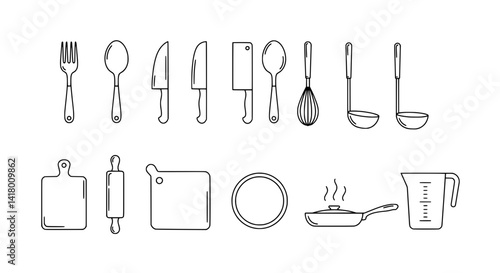 Kitchen Utensils Set: A diverse collection of meticulously rendered culinary tools, showcasing the essence of cooking and culinary preparation. These graphic elements present a clean aesthetic.