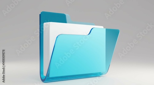 A transparent blue folder with white paper inside it on a light backdrop.