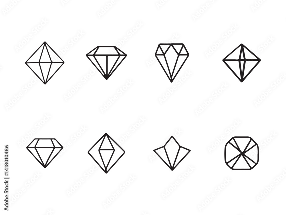 A set of minimalist, black line art illustrations of various diamond shapes. A set of minimalist, black line art illustrations of various diamond shapes.