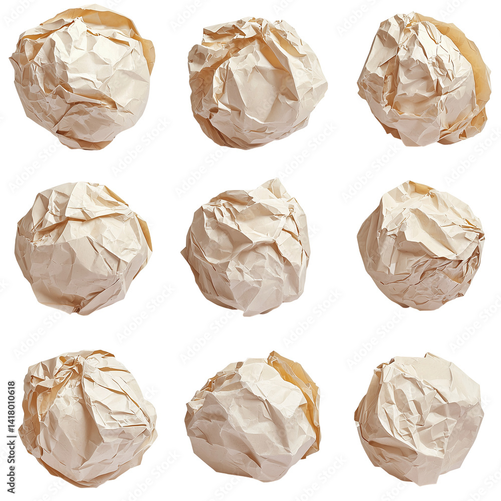 Fototapeta premium Crumpled paper balls texture design and background art isolated on transparent background png