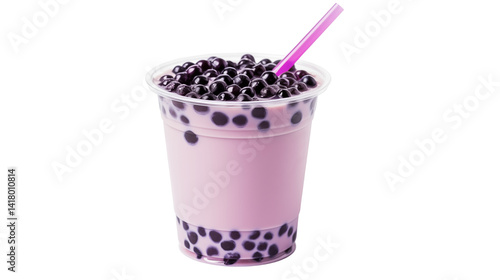 A close up view of a taro bubble tea in a clear plastic cup with a pink straw on black background, 